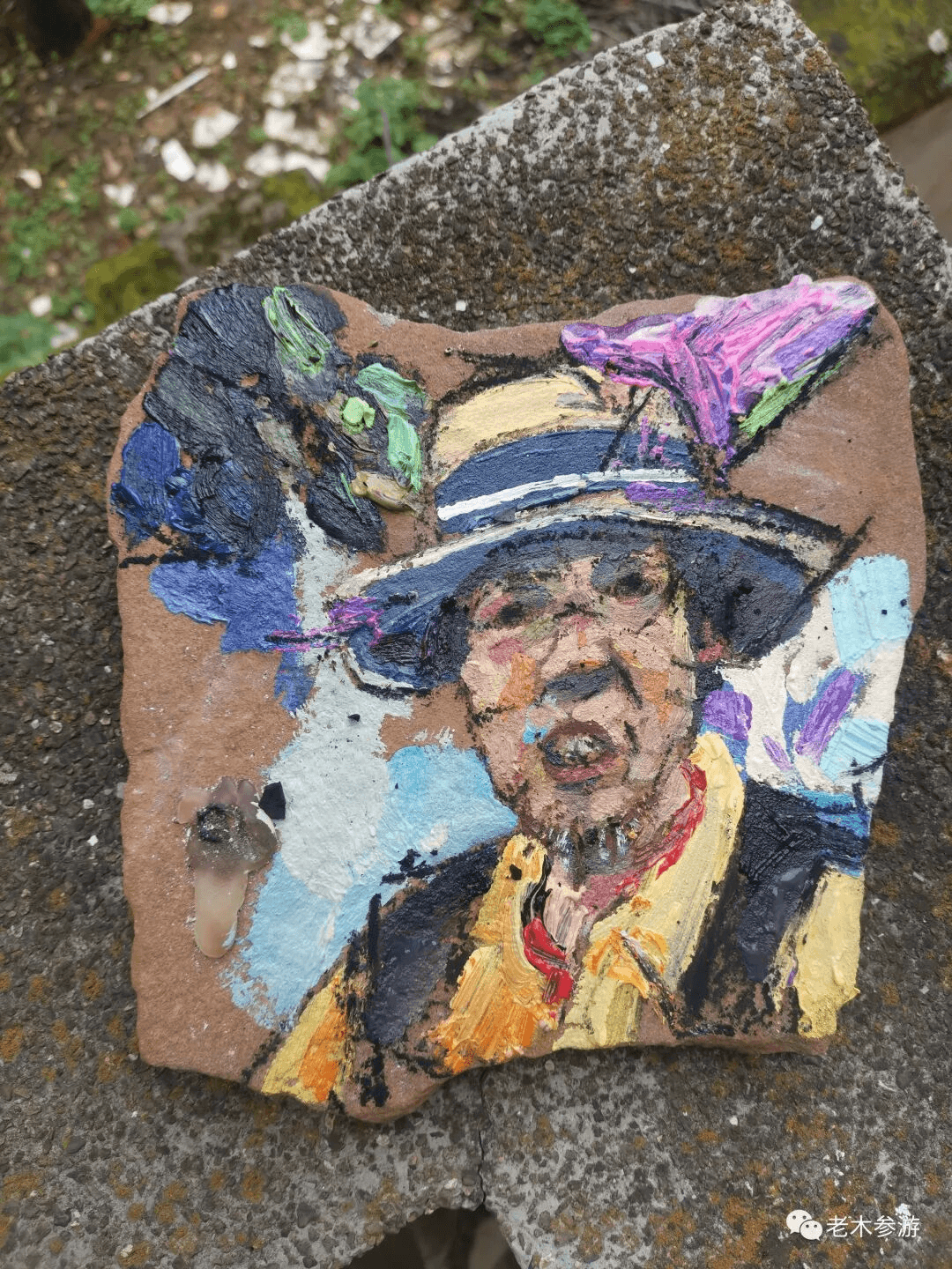Arhat portrait painted on a found stone fragment — one of the series' many material experiments
